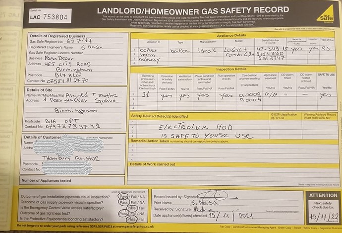 Landlord Gas Safety Nov 2021